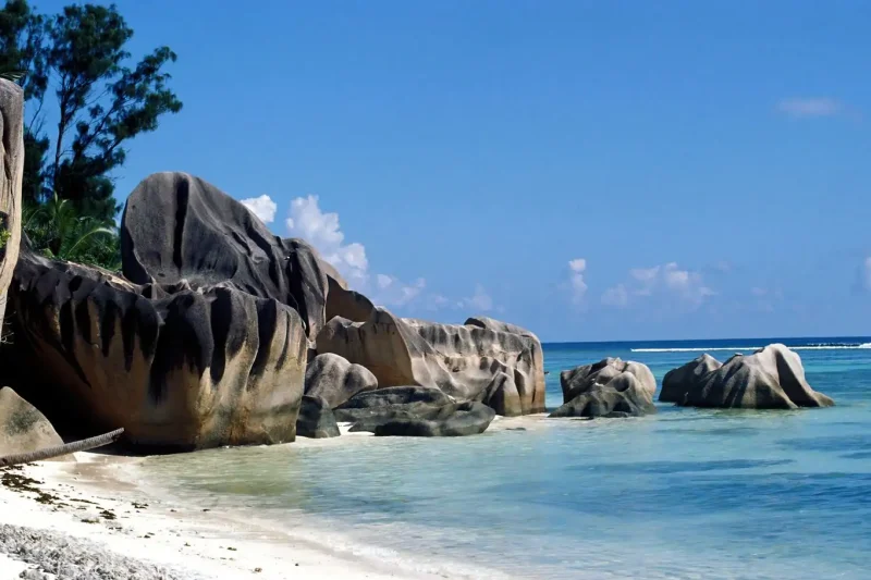 Plage des Seychelles bordée de rochers de granit